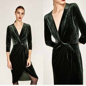 NWOT ZARA Green Velvet Low V Neck Midi Knot Front Pencil Dress size M 8 10
